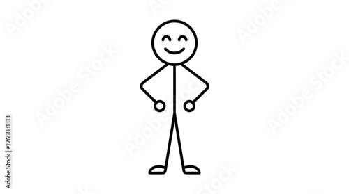 Confident stick figure person standing with hands on hips, isolated white background.