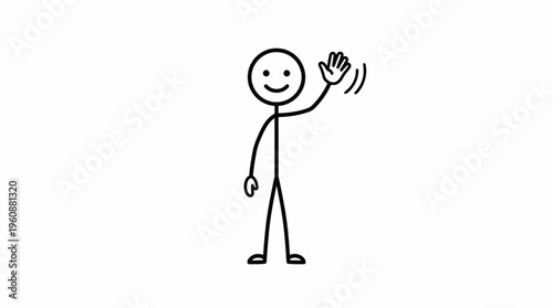 Cheerful stick figure person waving hand enthusiastically, isolated white background.