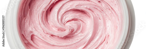 Top view of luxurious pink cosmetic cream texture in a white jar, perfect for beauty skincare advertising, dermatology concepts, and facial moisturizing care