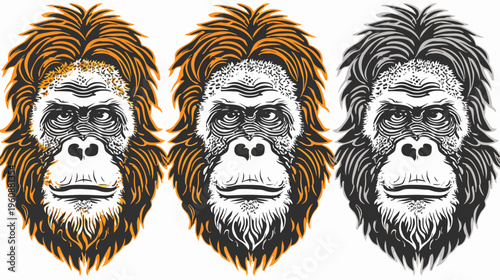 Three stylized portraits of an ape's head, with black, orange, and gray coloring, on a white background