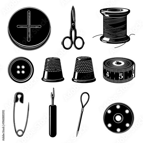 Vector illustration set of sewing accessories and tools featuring a metal needle with thread and buttons in a cartoon design object icon style