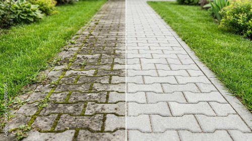 Before and after cleaning a dirty, moss-covered paver stone garden pathway.