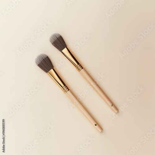 Makeup brushes with gold ferrule on a light tan surface