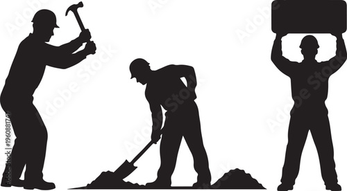 Silhouette of three construction workers at a building site