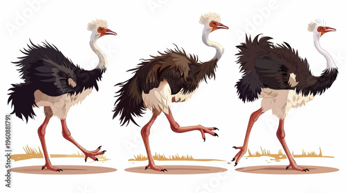 Three stylized ostriches with detailed plumage, digitally illustrated against a white background