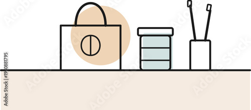 Minimalist vector illustration featuring a shopping bag and bathroom essentials on a flat surface
