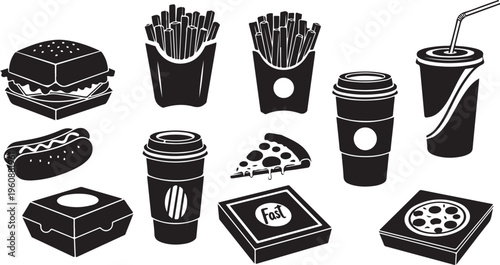 Fast Food and Beverages Icon Set in Black White