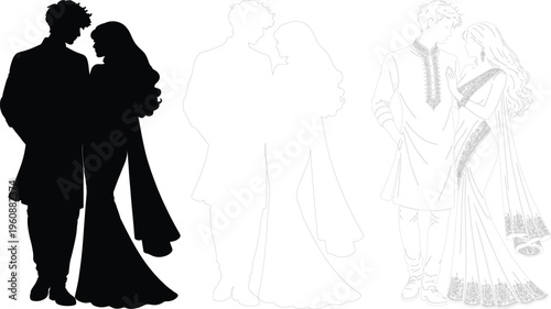 Traditional South Asian Couple Silhouette, Outline and Detailed Line Art Illustration Set