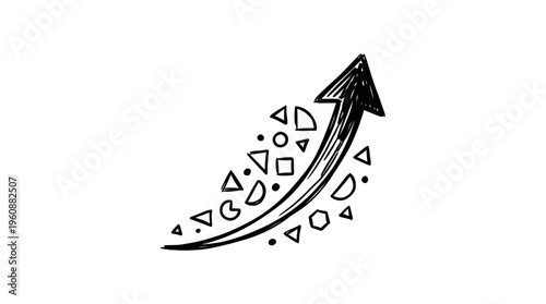 Upward arrow depicting progress and growth with scattering geometric shapes, isolated white background.