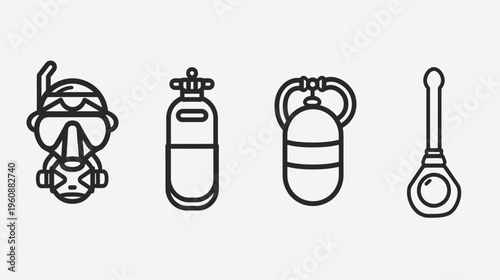 Set of line-art icons depicting diving equipment. Includes a mask, tank, and other related gear