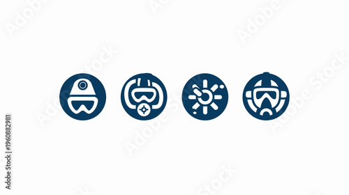 Four circular icons in navy blue, depicting equipment for protection and exploration, set against white