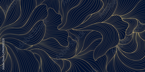 Luxury gold line floral pattern, elegant leaves and flowers, blue background. Vector illustration Japanese ornament, Art Deco, Nouveau style, modern vintage aesthetic, wedding invitations, perfume