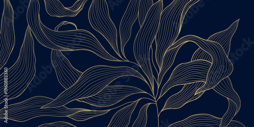 Luxury gold line floral pattern, elegant leaves and flowers, blue background. Vector illustration Japanese ornament, Art Deco, Nouveau style, modern vintage aesthetic, wedding invitations, perfume