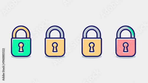 Four colorful padlocks in a row, with keyholes, handles and different pastel hues