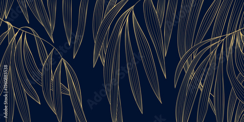 Luxury gold line floral pattern, elegant leaves and flowers, blue background. Vector illustration Japanese ornament, Art Deco, Nouveau style, modern vintage aesthetic, wedding invitations, perfume