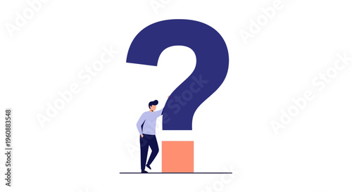 Man standing next to question mark.