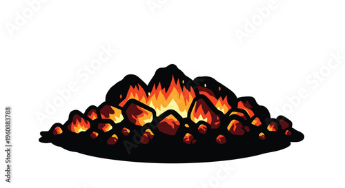 A glowing pile of hot red and orange coals and embers emits light on a dark surface against a white background.