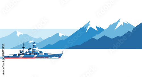 A blue and white striped battleship sails on calm water with towering blue and white mountains in the background.