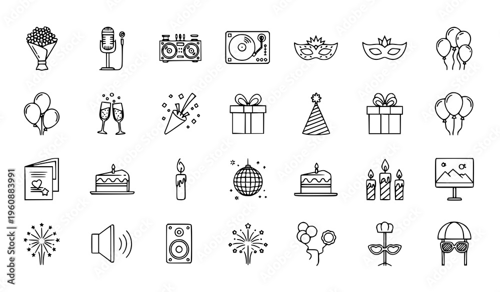 Fototapeta premium Simple party line icons set celebration outline symbols editable stroke pixel perfect vector collection