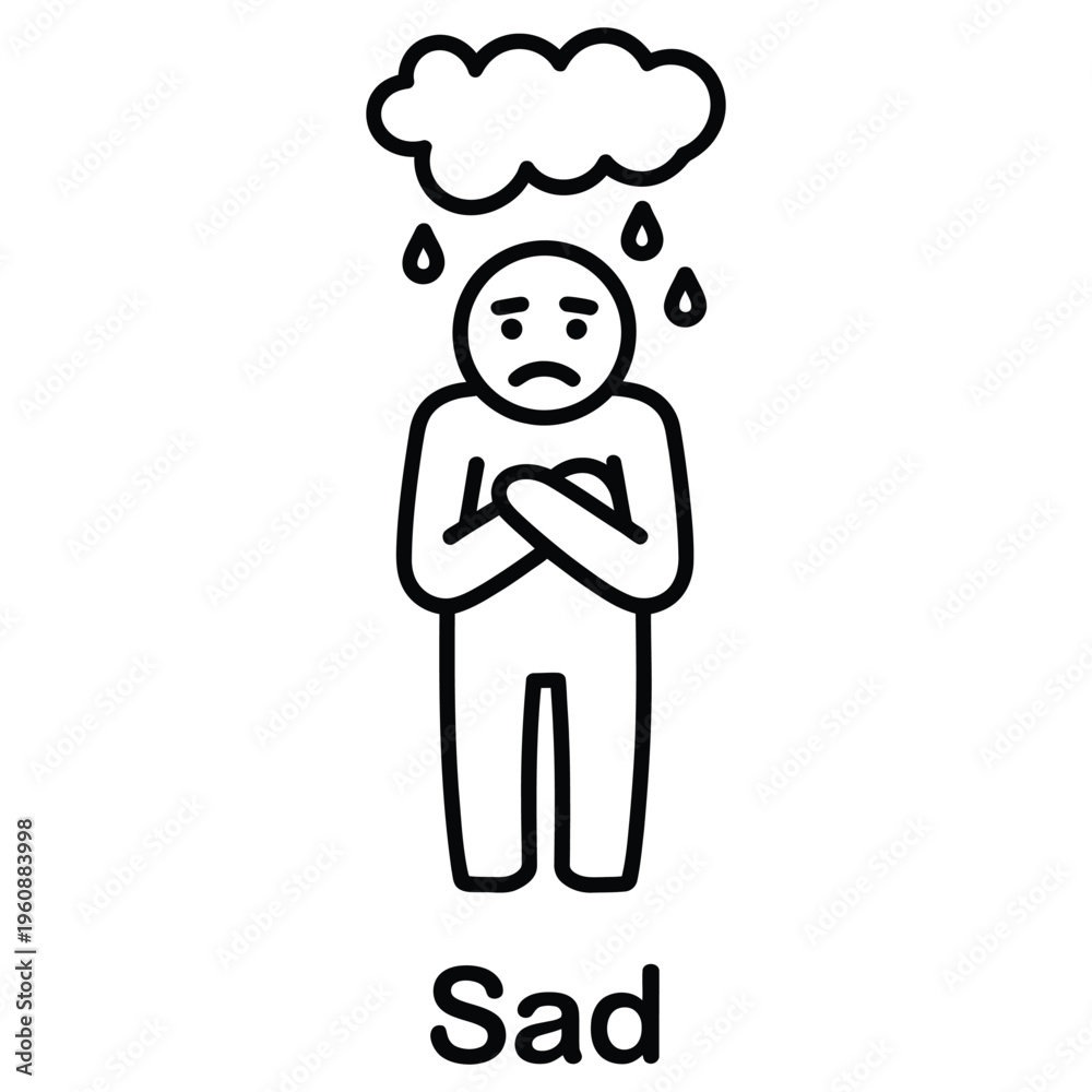 Fototapeta premium Sad outline icon with color style illustrating unhappy mood, tears and crying for emotional wellbeing, mental health and expressive design.