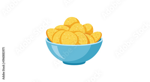 A light blue bowl is filled with golden-yellow potato chips, showcasing their crunchy texture on a white background.