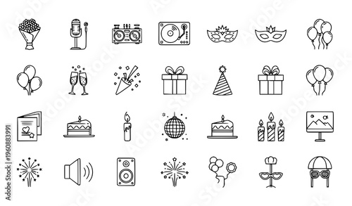 Simple party line icons set celebration outline symbols editable stroke pixel perfect vector collection