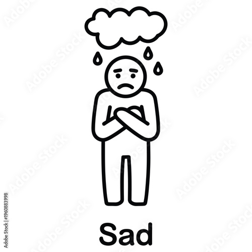 Sad outline icon with color style illustrating unhappy mood, tears and crying for emotional wellbeing, mental health and expressive design.
