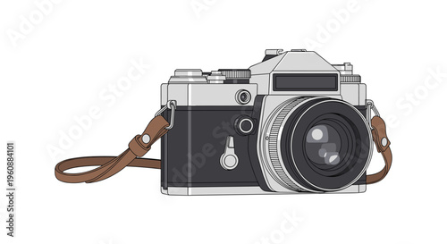 A vintage film camera with a brown leather strap and a large lens is positioned at an angle on a plain white background.