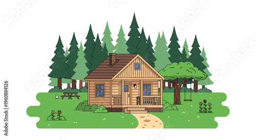 A rustic wooden cabin stands amidst a dense forest of pine trees with a green grassy foreground and a winding dirt path.