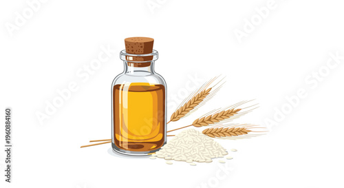 A glass bottle of golden oil with a cork stopper stands next to wheat stalks and a pile of white rice grains.