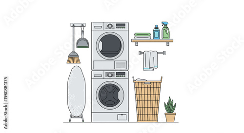 A laundry room setup features a stacked washer and dryer, an ironing board, a broom, and a wicker basket.