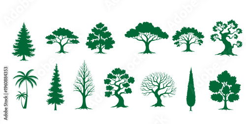 Diverse Tree Silhouettes: An array of assorted green tree silhouettes stand isolated, each one illustrating the myriad forms found in nature, inviting appreciation for the natural world. 