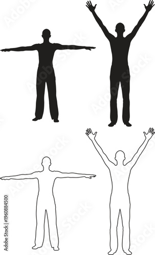 Four stick figure illustrations of a person with arms raised