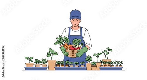 A smiling person in a blue cap and apron holds a basket of harvested vegetables, surrounded by many potted plants on a table against a white background.