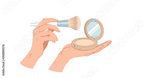 Two fair-skinned hands hold a fluffy makeup brush and an open compact powder case with a mirror on a plain white background.