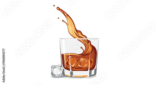 A clear glass filled with amber liquid and ice cubes has a dynamic splash erupting from it, standing on a white surface against a white background.