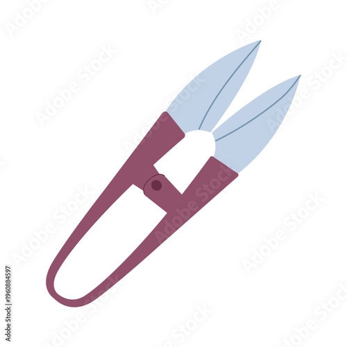 Purple thread cutters, sewing scissors, professional tailor's nippers.illustration of needlework accessory, isolated on white, needlework and tailor concept. Hand sewing and embroidery concept. DIY