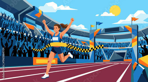Female athlete winning a race crossing the finish line first.