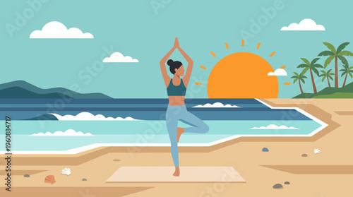 Woman practicing yoga tree pose on a mat.