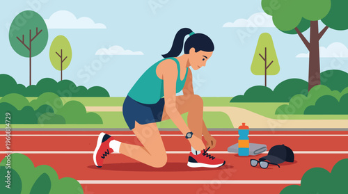 Young woman runner tying shoelace on athletic track before workout.