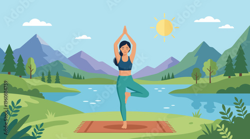 Woman Practicing Yoga Tree Pose Outdoors Serene Mindful Exercise.