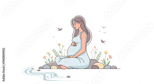 A pregnant woman in a light blue dress sits cross-legged on stones by a stream, surrounded by flowers and flying birds.