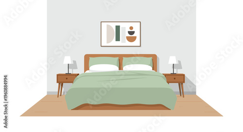 A bed with light green bedding and a wooden headboard is flanked by nightstands with lamps, under an abstract art piece.
