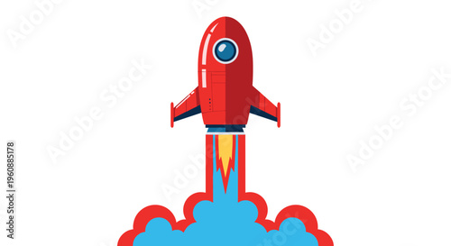 A red rocket with blue windows and fins is launching upwards with orange flames and blue smoke against a white background.