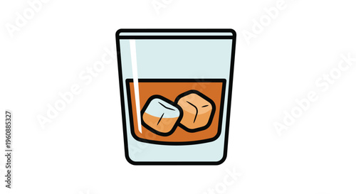 A clear glass tumbler filled with amber liquid and two ice cubes stands on a white background.