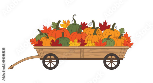 A wooden wagon is filled with various orange and green pumpkins and colorful autumn leaves on a white background.
