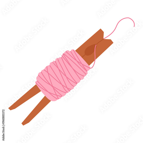 Pink thread wound on a wooden clothespin. Creative storage for embroidery threads or yarn. Do it yourself. Hand sewing and embroidery concept. Clipart needlework, creative hobby, isolated on backgroun