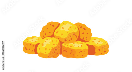 A pile of golden-brown, irregularly shaped chicken nuggets is stacked on a white background.