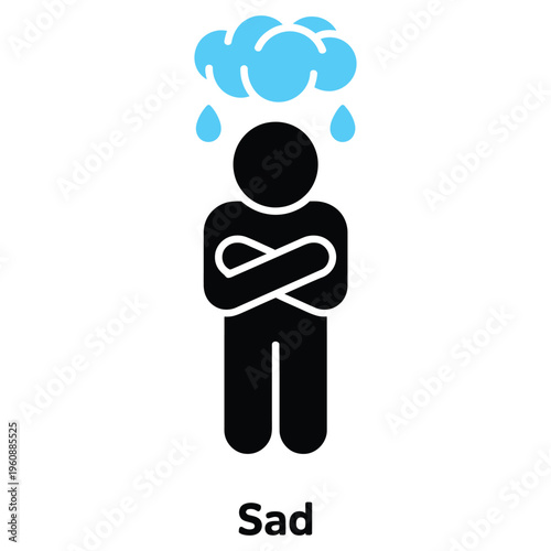 Sad solid icon illustrating unhappy mood, tears and crying, symbolizing emotional distress, melancholy and mental health awareness in vector design.