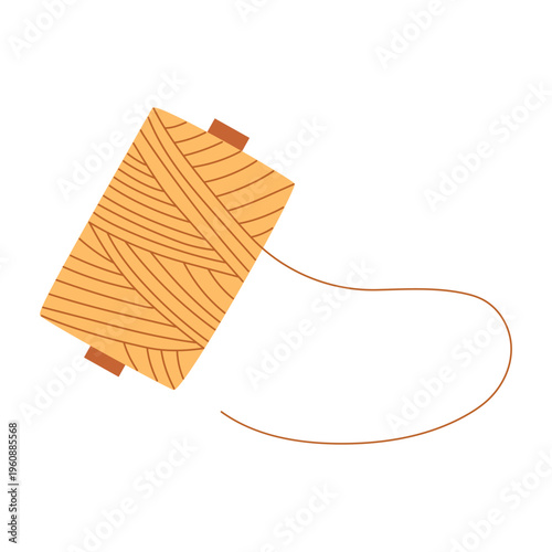 Wooden spool of orange thread. Sewing bobbin for tailoring and mending clothes.Concept of hand sewing and embroidery. Clipart needlework, creative hobby, isolated on background